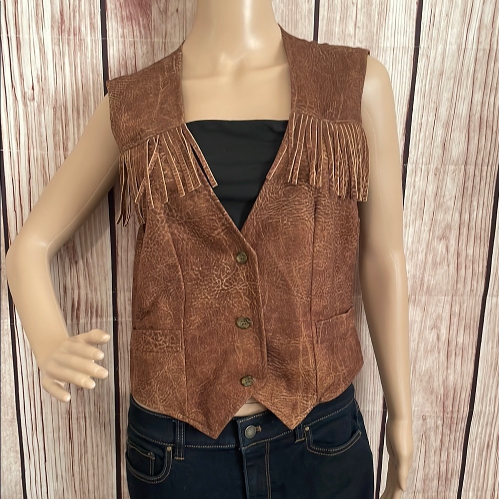JG Petite Collection Vintage Brown Leather Fringe Vest